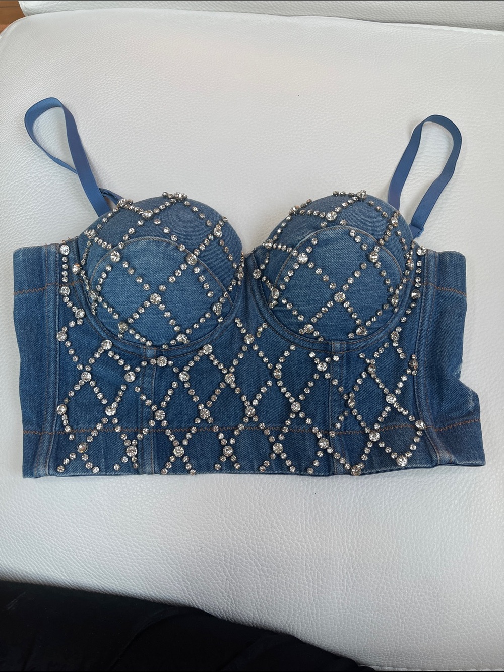 Embellished Denim Bustier Crop Top - Blue